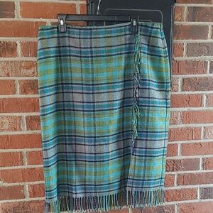 J Jill Blue & Green Plaid Fringe Wool Blend Skirt Size 16 (1138)